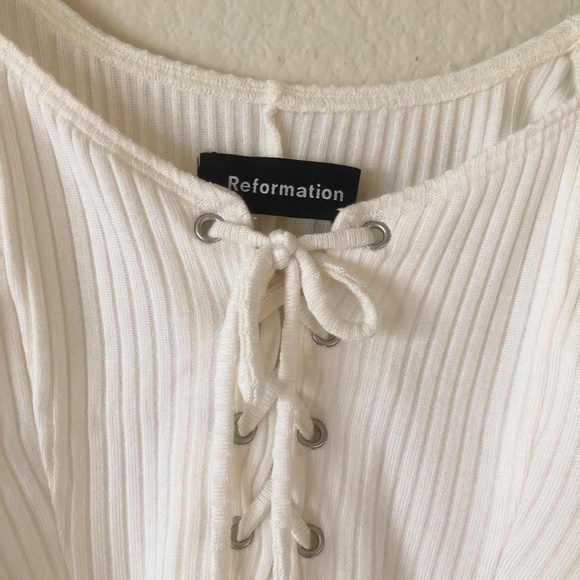Reformation White Ribbed Tie Front Corset Sundance Top with Ruffle Sleeves - Picture 5 of 6